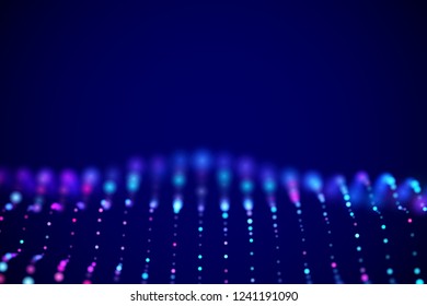 Abstract digital landscape or soundwaves with flowing particles. Big data technology background. Visualization of sound waves. Virtual reality concept: 3D digital surface. EPS 10 vector illustration.