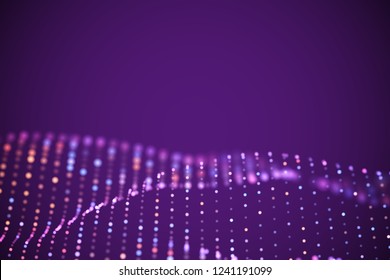 Abstract digital landscape or soundwaves with flowing particles. Big data technology background. Visualization of sound waves. Virtual reality concept: 3D digital surface. EPS 10 vector illustration.