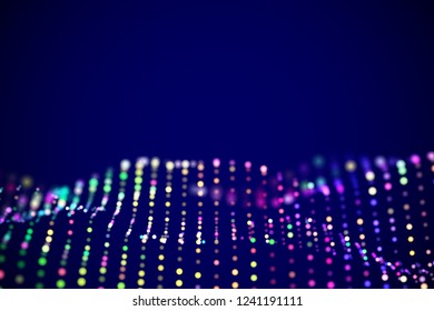 Abstract digital landscape or soundwaves with flowing particles. Big data technology background. Visualization of sound waves. Virtual reality concept: 3D digital surface. EPS 10 vector illustration.
