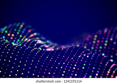 Abstract digital landscape or soundwaves with flowing particles. Big data technology background. Visualization of sound waves. Virtual reality concept: 3D digital surface. EPS 10 vector illustration.