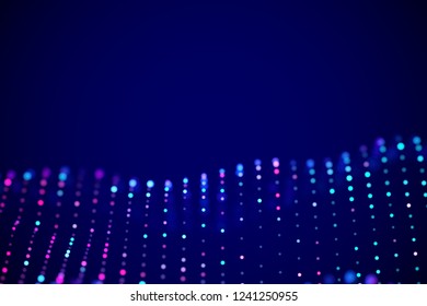 Abstract digital landscape or soundwaves with flowing particles. Big data technology background. Visualization of sound waves. Virtual reality concept: 3D digital surface. EPS 10 vector illustration.