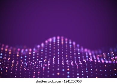 Abstract digital landscape or soundwaves with flowing particles. Big data technology background. Visualization of sound waves. Virtual reality concept: 3D digital surface. EPS 10 vector illustration.