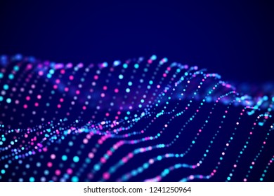 Abstract digital landscape or soundwaves with flowing particles. Big data technology background. Visualization of sound waves. Virtual reality concept: 3D digital surface. EPS 10 vector illustration.