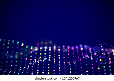 Abstract digital landscape or soundwaves with flowing particles. Big data technology background. Visualization of sound waves. Virtual reality concept: 3D digital surface. EPS 10 vector illustration.