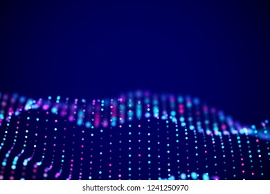 Abstract digital landscape or soundwaves with flowing particles. Big data technology background. Visualization of sound waves. Virtual reality concept: 3D digital surface. EPS 10 vector illustration.