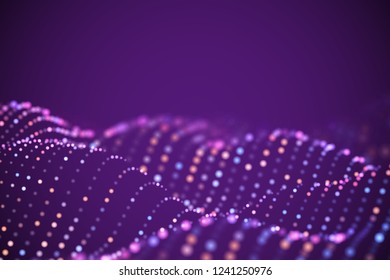 Abstract digital landscape or soundwaves with flowing particles. Big data technology background. Visualization of sound waves. Virtual reality concept: 3D digital surface. EPS 10 vector illustration.