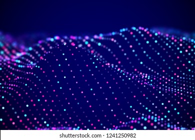 Abstract digital landscape or soundwaves with flowing particles. Big data technology background. Visualization of sound waves. Virtual reality concept: 3D digital surface. EPS 10 vector illustration.