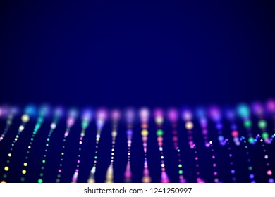 Abstract digital landscape or soundwaves with flowing particles. Big data technology background. Visualization of sound waves. Virtual reality concept: 3D digital surface. EPS 10 vector illustration.