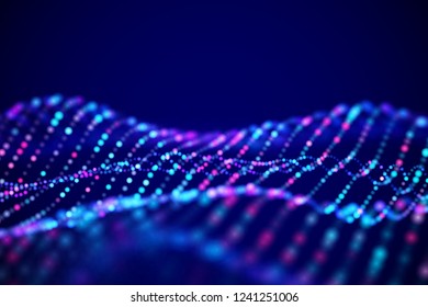 Abstract digital landscape or soundwaves with flowing particles. Big data technology background. Visualization of sound waves. Virtual reality concept: 3D digital surface. EPS 10 vector illustration.