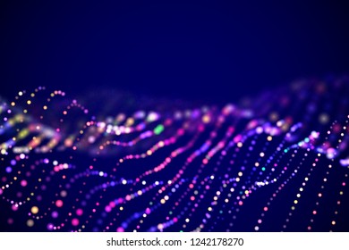 Abstract digital landscape or soundwaves with flowing particles. Big data technology background. Visualization of sound waves. Virtual reality concept: 3D digital surface. EPS 10 vector illustration.