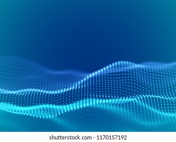 Abstract digital landscape or waves with flowing particles. Big data or technology background. Visualization of sound waves. Virtual reality concept: 3D digital surface. EPS 10 vector illustration.