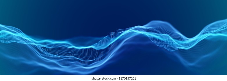 Abstract digital landscape or waves with flowing particles. Big data or technology background. Visualization of sound waves. Virtual reality concept: 3D digital surface. EPS 10 vector illustration.