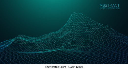 Abstract digital landscape. Wireframe 3D landscape background. Abstract vector mountains. Vector Image EPS10