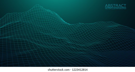 Abstract digital landscape. Wireframe 3D landscape background. Abstract vector mountains. Vector Image EPS10