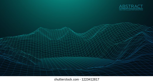 Abstract digital landscape. Wireframe 3D landscape background. Abstract vector mountains. Vector Image EPS10