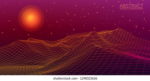 Abstract digital landscape. Wireframe 3D landscape background. Abstract vector mountains. Vector Image EPS10