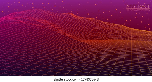 Abstract digital landscape. Wireframe 3D landscape background. Abstract vector mountains. Vector Image EPS10