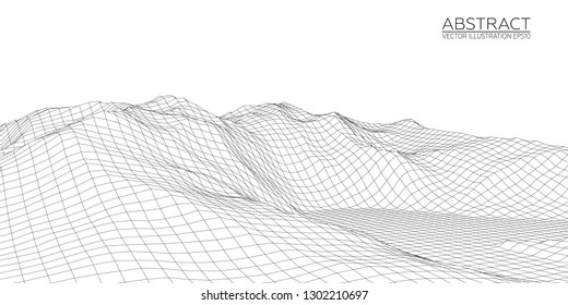 Abstract digital landscape. Wireframe 3D landscape background. Abstract vector mountains. Vector Image EPS10