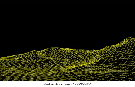 Abstract digital landscape. Wireframe landscape background yellow сolour. Vector illustration