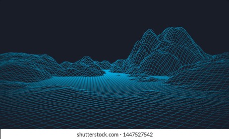 Abstract Digital Landscape. Wireframe Landscape Background. 3d Futuristic Vector Illustration.