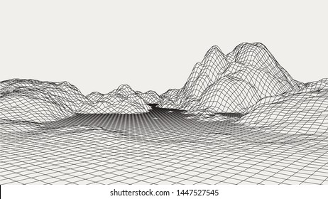 Abstract digital landscape. Wireframe landscape background. 3d futuristic vector illustration.