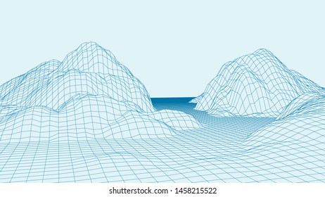 Abstract digital landscape. Wireframe landscape background. 3d futuristic vector illustration.