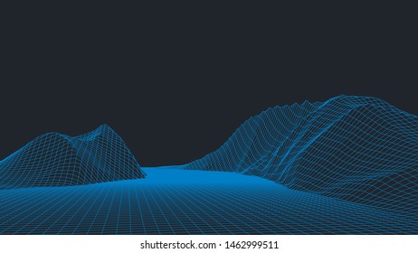 Abstract digital landscape. Wireframe landscape background. 3d futuristic vector illustration.