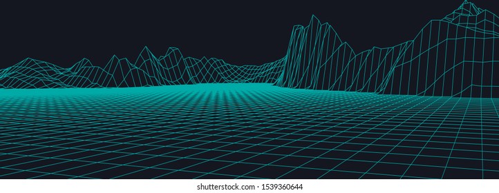 Abstract digital landscape. Wireframe landscape background. 3d futuristic vector illustration.