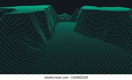 Abstract digital landscape. Wireframe landscape background. 3d futuristic vector illustration.