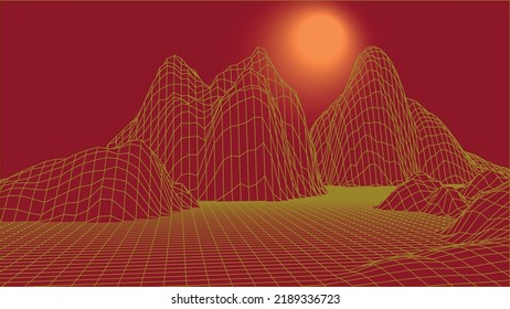 Abstract digital landscape. Wireframe landscape background. 3d futuristic vector illustration.