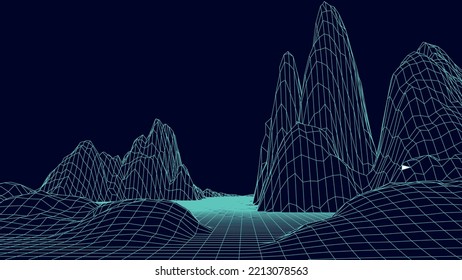 Abstract digital landscape. Wireframe landscape background. 3d futuristic vector illustration.
