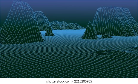 Resumen del paisaje digital. Fondo horizontal de la estructura alambrada. Ilustración vectorial futurista 3d.