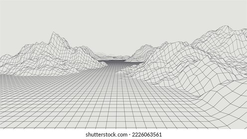 Resumen del paisaje digital. Fondo horizontal de la estructura alambrada. Ilustración vectorial futurista 3d.