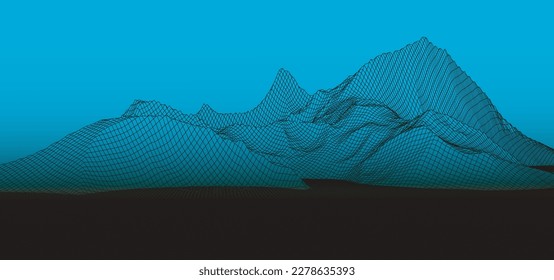 Abstract digital landscape. Wireframe landscape background. Big Data. 3d futuristic vector illustration. 80s Retro Sci-Fi Background