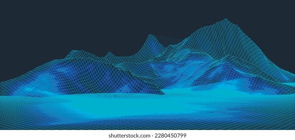 Abstract digital landscape. Wireframe landscape background. Big Data. 3d futuristic vector illustration. 80s Retro Sci-Fi Background