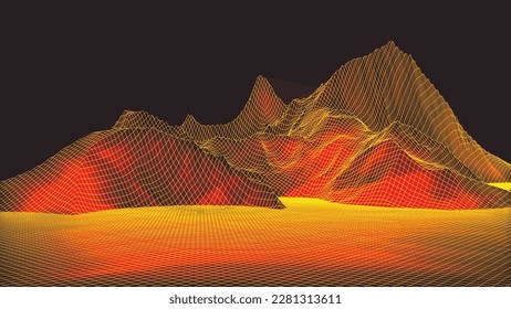 Abstract digital landscape. Wireframe landscape background. Big Data. 3d futuristic vector illustration. 80s Retro Sci-Fi Background