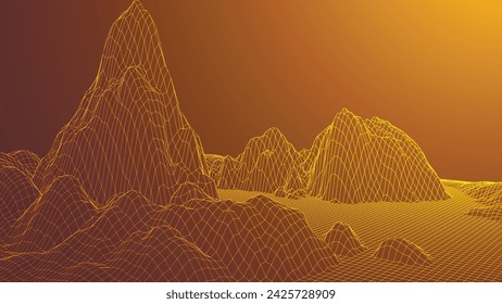 Abstract digital landscape. Wireframe landscape background. Digital landscape for presentations. 3d futuristic vector illustration.