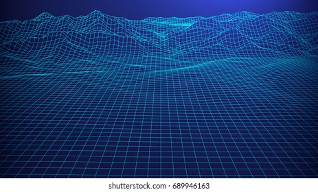 Abstract digital landscape.  Wireframe landscape background. Big Data. 3d futuristic vector illustration. 80s Retro Sci-Fi Background