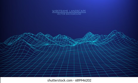 Abstract Digital Landscape.  Wireframe Landscape Background. Big Data. 3d Futuristic Vector Illustration. 80s Retro Sci-Fi Background