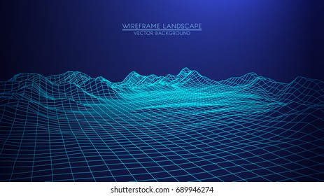 Abstract digital landscape.  Wireframe landscape background. Big Data. 3d futuristic vector illustration. 80s Retro Sci-Fi Background