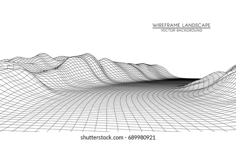 Abstract digital landscape.  Wireframe landscape background. Big Data. 3d futuristic vector illustration. 80s Retro Sci-Fi Background