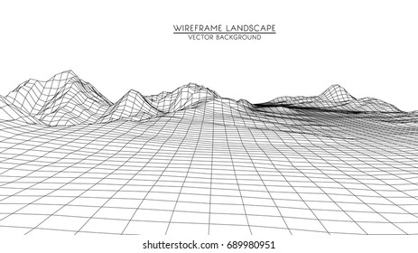Abstract digital landscape.  Wireframe landscape background. Big Data. 3d futuristic vector illustration. 80s Retro Sci-Fi Background