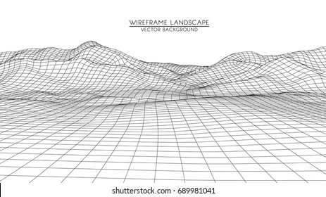 Abstract digital landscape.  Wireframe landscape background. Big Data. 3d futuristic vector illustration. 80s Retro Sci-Fi Background