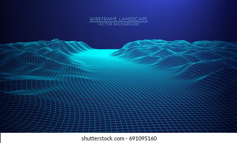 Abstract digital landscape. Wireframe landscape background. Big Data. 3d futuristic vector illustration. 80s Retro Sci-Fi Background