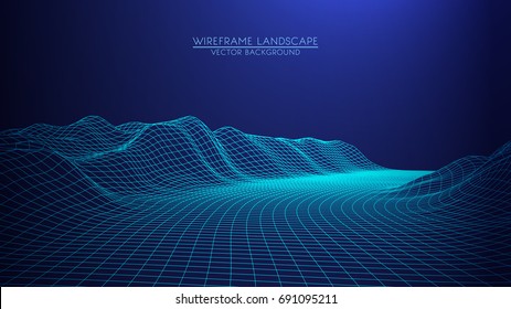 Abstract digital landscape. Wireframe landscape background. Big Data. 3d futuristic vector illustration. 80s Retro Sci-Fi Background
