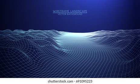 Abstract digital landscape. Wireframe landscape background. Big Data. 3d futuristic vector illustration. 80s Retro Sci-Fi Background