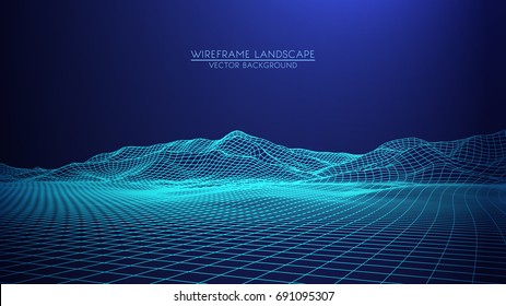 Abstract digital landscape. Wireframe landscape background. Big Data. 3d futuristic vector illustration. 80s Retro Sci-Fi Background