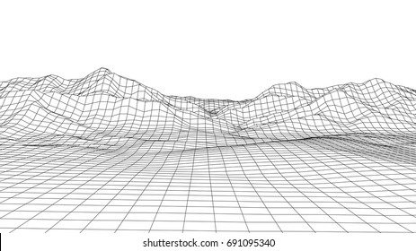 Abstract digital landscape. Wireframe landscape background. Big Data. 3d futuristic vector illustration. 80s Retro Sci-Fi Background