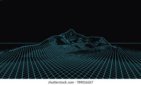 Abstract digital landscape. Wireframe landscape background. Big Data. 3d futuristic vector illustration. 80s Retro Sci-Fi Background