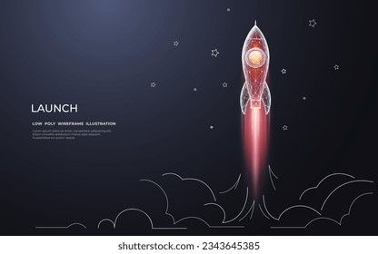 Abstract digital launching rocket with fire on dark background with white doodle elements. Low Poly wireframe vector illustration. Boosting and successful start-up business concept. Modern geometric